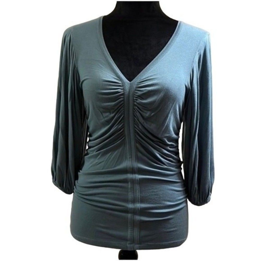 Kenar Gathered Fabric V Neck Top Size S Blue Green